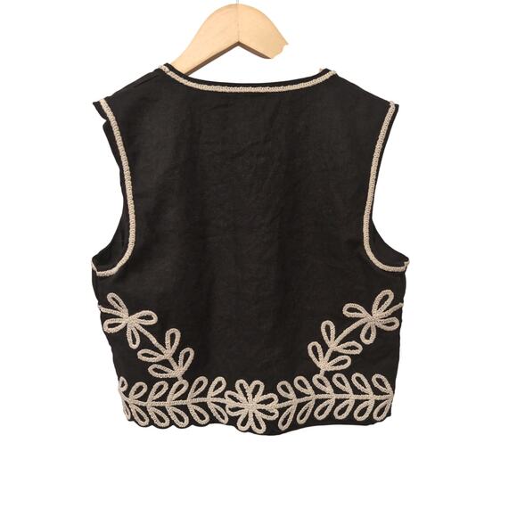 Maison d' Amelie Linen Blend Embroidered Floral Leafy Vest Black Dark Academia - Picture 4 of 4
